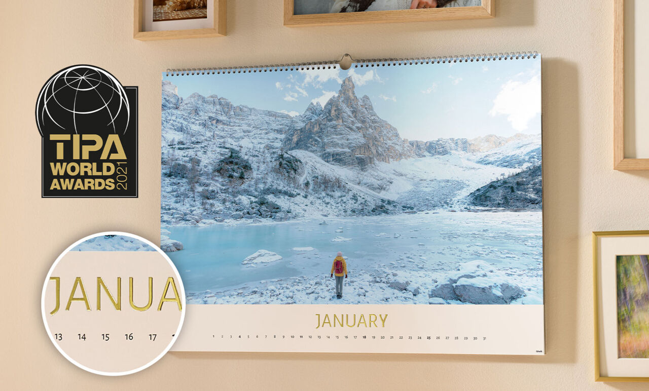 TIPA Award winning A2 Wall Calendar with a landscape photo and gold highlights